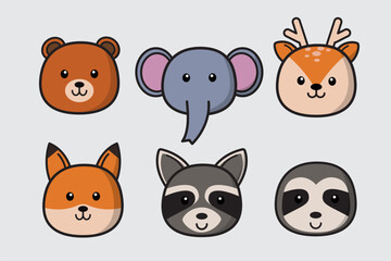 Set of cute animal head, Cartoon animal face collection, Cute and friendly wild animals in line drawing style, with bear, elephant, deer, fox, raccoon, sloth. Vector design illustration.