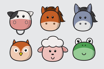 Set of cute animal head, Cartoon animal face, Cute and friendly wild animals drawing style, with cow, horse, donkey, owl, sheep, frog. Vector design illustration.