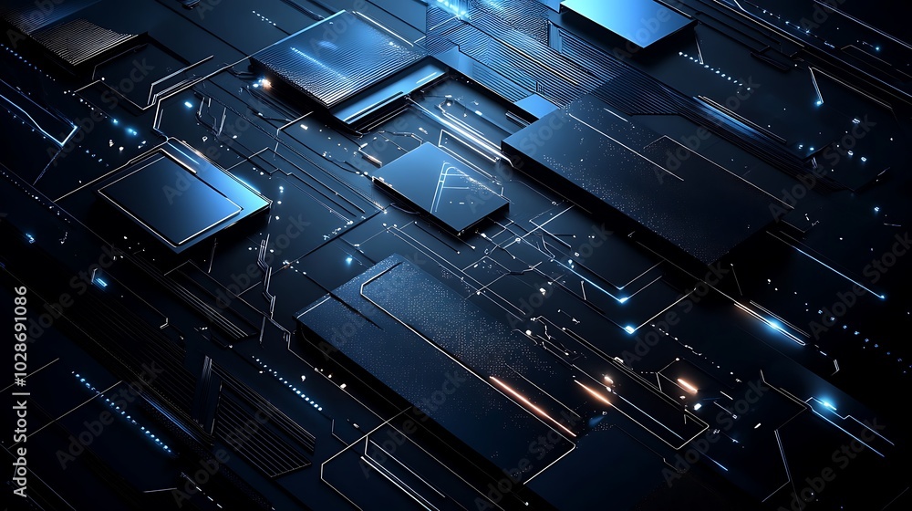 Poster abstract futuristic technology background with glowing lines and squares.