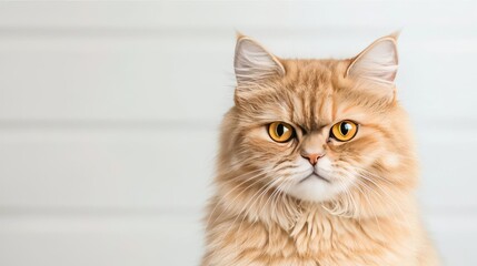 Fluffy ginger cat with striking yellow eyes, against a neutral background.