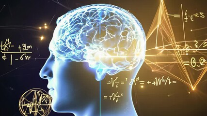 Human brain showing activity increasing with mathematical equations appearing - Powered by Adobe