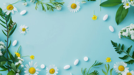 Floral arrangement showcasing herbal elements and tablets ideal for pharmacy promotion on a light blue background