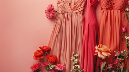 Stylish women's dresses displayed against a soft pink backdrop with vibrant flowers, perfect for casual or formal events