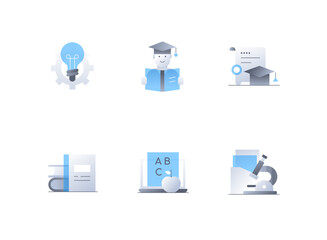 Elementary school and graduation - flat design style icons set. High quality colorful images of gear and light bulb, schoolboy with diploma, books, studying alphabet on laptop, microscope and files