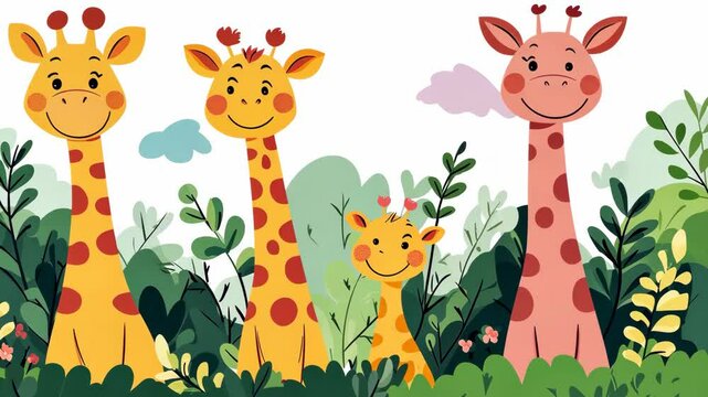 A family of giraffes stand in tall green grass with a single cloud in the sky