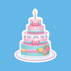 Sticker of beautiful colorful four tier Birthday cake with candle, pink bow and flowers. Poster, Banner, Flyer, Greeting Card. Vector illustration in flat cartoon style.
