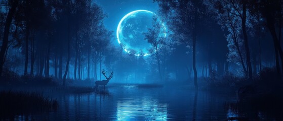 Obraz premium Futuristic night landscape with abstract landscape and island, moonlight, shine. Dark natural scene with reflection of light in the water, neon blue light. Dark neon background. 3D illustration