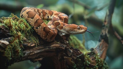 Fototapeta premium A Close-Up of a Brown Snake with a Forked Tongue on a Moss-Covered Branch