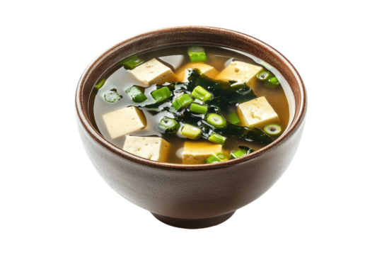 Traditional miso soup with tofu, seaweed, and scallions in a ceramic bowl on a transparent background