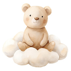 Watercolor illustration card with cute bear sitting on cloud. Isolated on transparent background. Perfect for card, postcard, tags, invitation, printing, wrapping.