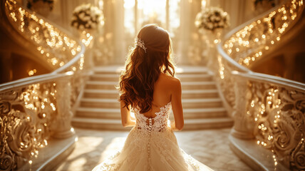 結婚式場の階段に立つ花嫁の後ろ姿