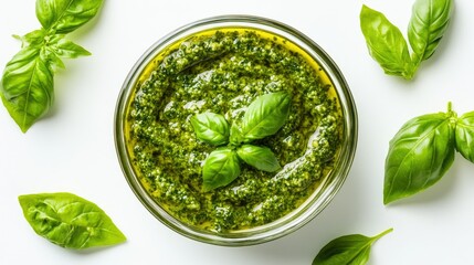 Obraz premium Fresh Basil Pesto in a Glass Bowl with Herbs