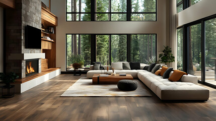 Modern living room with large windows and forest view.
