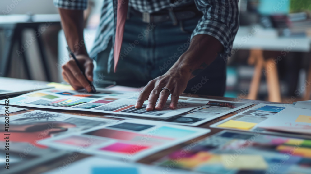 Poster creative professional designing a new product concept in a modern workspace with colorful design ele