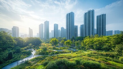 Fototapeta premium Abstract City Skyline with Lush Green Surroundings