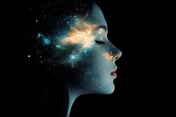Double multiply exposure abstract portrait of a dreamer cute young woman face with galaxy universe space inside head. Spirit cosmos astronomy life zen concept