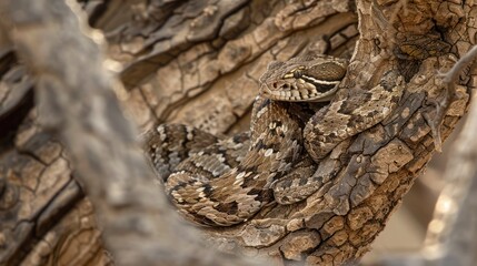 Fototapeta premium Camouflaged Snake Coiled in a Tree Trunk