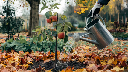 A person watering a young apple tree surrounded by autumn leaves in a peaceful garden setting.