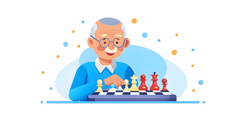 Elderly Man Playing Chess with Glossy Background: A Focused Scene Emphasizing Strategic Thinking and Joy of Intellectual Activities - Photo Stock Concept