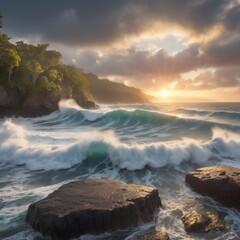 Obraz premium Sunrise over the turbulent sea