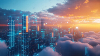 Fototapeta premium 雲上に築かれたデータでできた未来都市