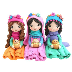 Three whimsical dolls in colorful attire, holding adorable creatures, perfect for playful and creative themes.