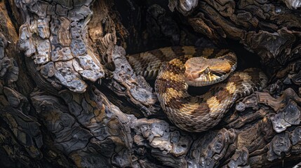 Camouflaged Snake Coiled in a Rough Tree Bark