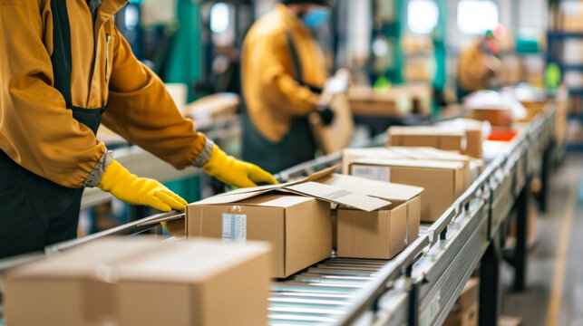 Workers sorting packages on a conveyor belt inside a busy warehouse during the day to manage inventory and fulfill orders
