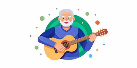 Naklejka premium Elderly Man Joyfully Playing Guitar with Bokeh Digital Art Background - Vibrant Musical Ambiance with Promotional Copy Space in Photo Stock