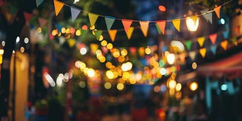 Festive street decorated with colorful flags and lights at dusk.