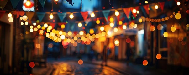 Obraz premium Blurred evening street lights, festive decoration, bokeh effect