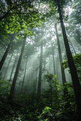 A dense forest of tall trees, with misty mountains in the background. Sunlight filters through the fog.