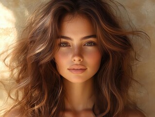 Fototapeta premium model showcasing shiny, healthy brown hair in a natural setting, emphasizing beauty and vitality in a light-filled atmosphere, perfect for hair care and beauty products