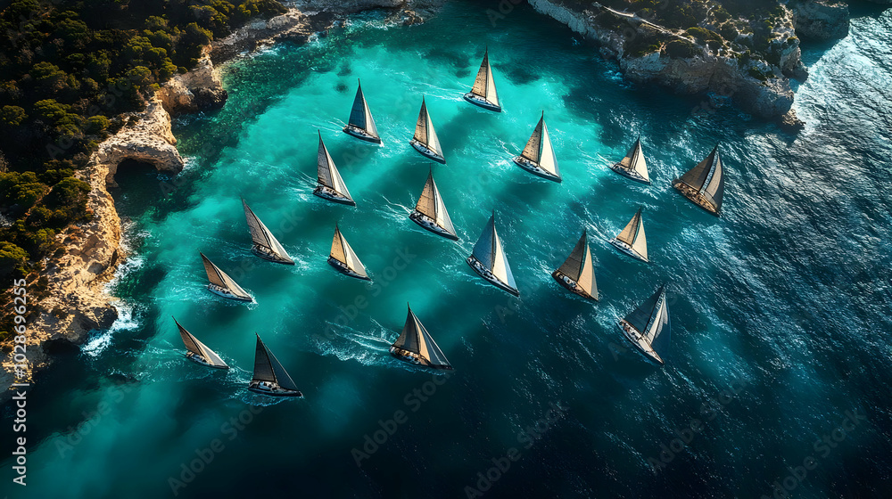 Poster Aerial view of sailboats navigating turquoise waters.