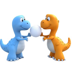 Two colorful cartoon dinosaurs playfully exchanging a snowball, capturing a joyful and playful moment.