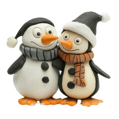 Fototapeta premium Two cute, snowy penguins in winter attire, showcasing friendship and warmth in a festive, playful scene.