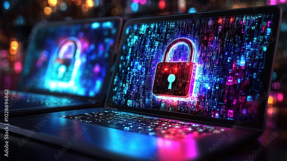 Poster laptops with digital padlocks as a symbol for cyber security and data protection