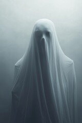 A mysterious figure emerges from the fog, draped in a white fabric that covers their face and body. The background is a monochromatic gray gradient, creating an atmosphere of mystery or horror.