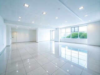 Modern Minimalist Room Cleaning in Low Light with White Walls and Tiled Floor - 3D Rendered Interior Design