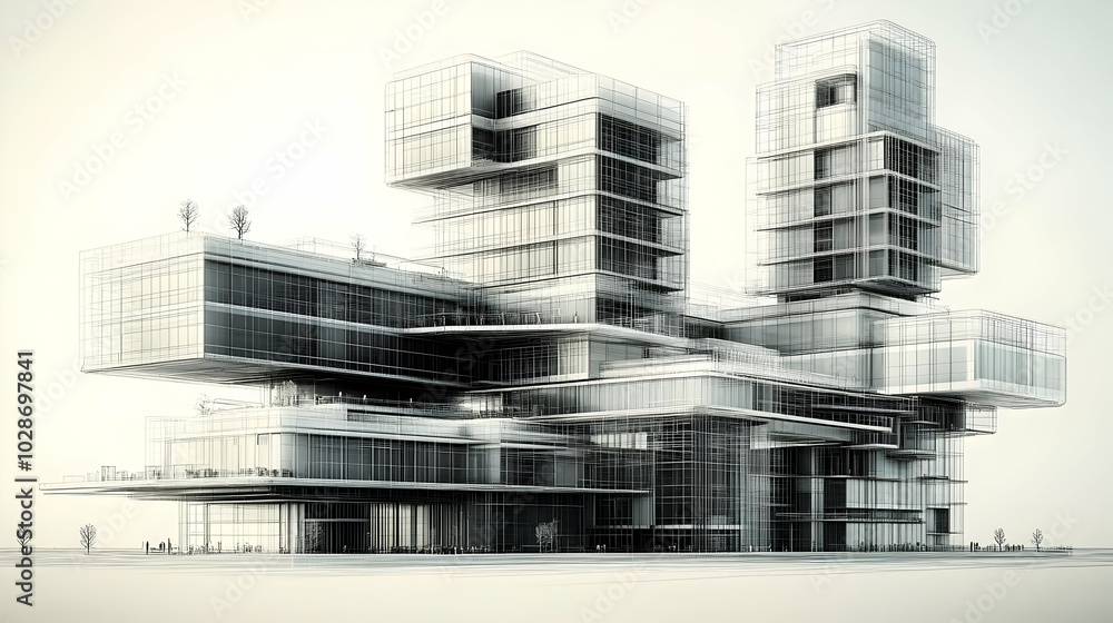 Poster abstract architectural design featuring interconnected glass structures.