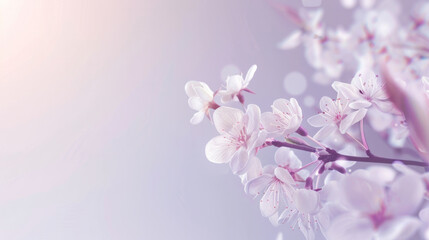 Delicate cherry blossom branches softly illuminated by gentle sunlight during springtime, creating a serene and peaceful atmosphere