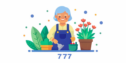 Elderly Woman Gardening Joyfully in a Lush Green Garden with Soft Abstract Background and Copy Space for Promotional Text - Nature Photography