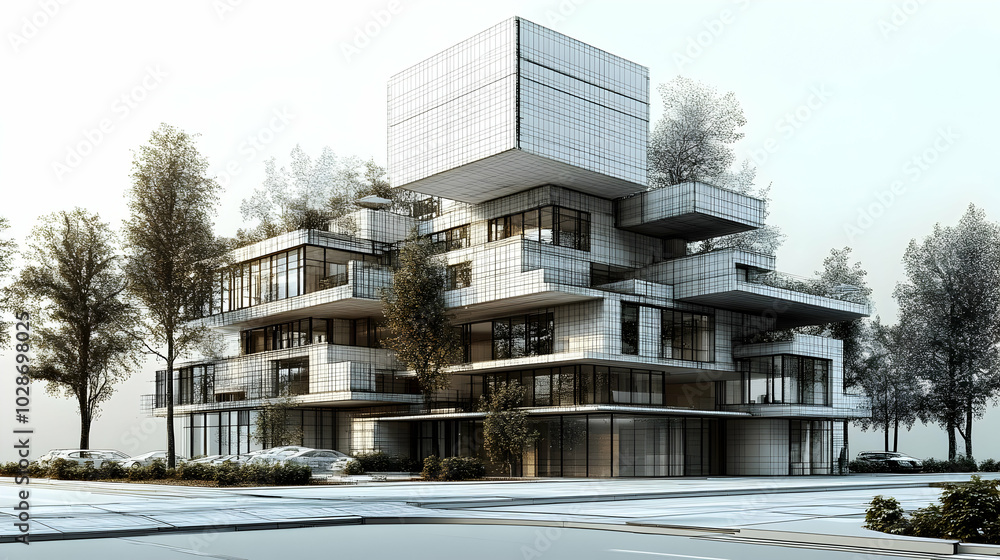 Poster modern architectural design featuring layered structures and greenery.
