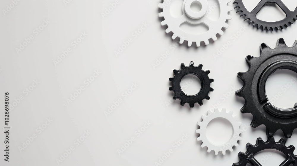 Poster a collection of black and white gears positioned on a light background with ample copy space for eng
