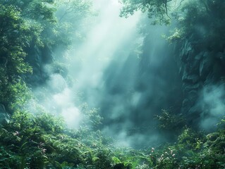 Obraz premium mysterious fog encircles a vibrant, exotic jungle filled with lush greenery and towering trees, soft light filtering through the mist, creating an ethereal atmosphere