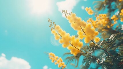 Mimosa spring flowers against blue sky background. Blooming mimosa tree over blue sky, bright sun