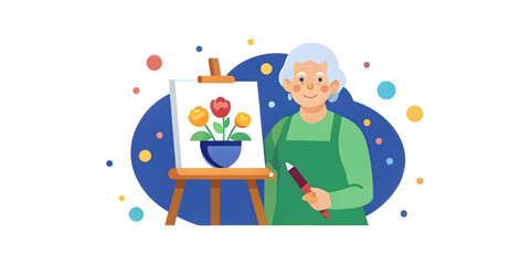 Elderly Woman Painting with Bokeh Background: Creative Digital Art Concept Featuring Space for Promotional Text