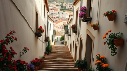 Fototapeta premium Picturesque Candid Photography of Frigiliana Village's Colorful Lane and Steps in Spain
