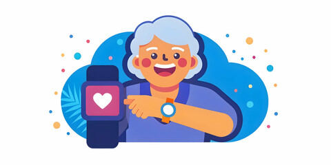 Fototapeta premium Elderly Woman Joyfully Checking Wearable Health Tracker in Macro Close-Up - Futuristic Tech for Simple Healthy Living Moments with Copy Space