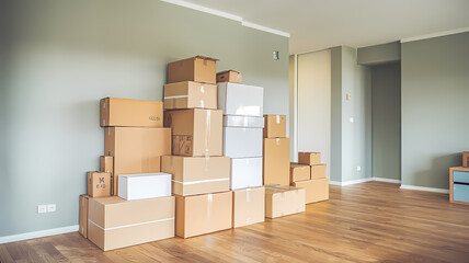 Fototapeta premium Stacked moving boxes in an empty room with light wooden floors, ready for a new beginning or relocation.